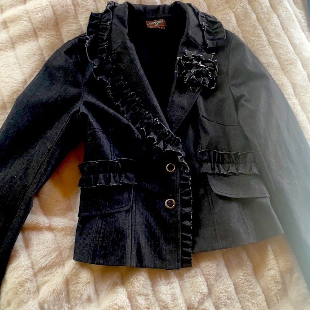 Kay Unger black denim ruffle blazer